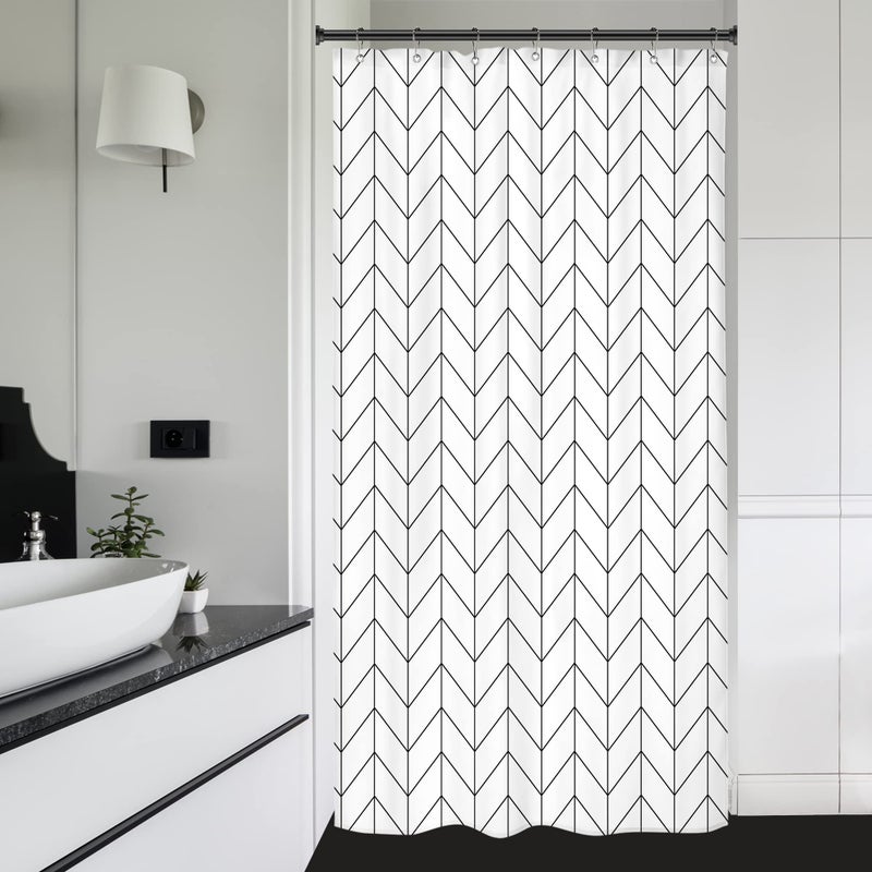 Riyidecor Small Stall 36Wx72H Inch Shower Curtain,Narrow RV Walkin Black White Herringbone Modern Bathroom Curtains,Half Stand Up Zig Zag Chevron Camper Bathroom Accessories Waterproof Fabric 7 Hooks - Image 1